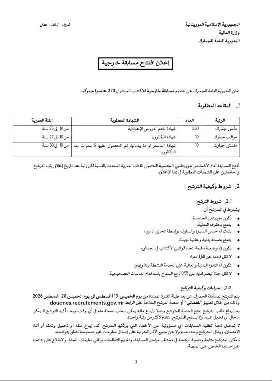 الجمارك تعلن عن مسابقة لاكتتاب 270 عنصرا
